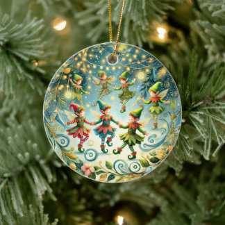 Whimsical Dancing Elves Ceramic Ornament