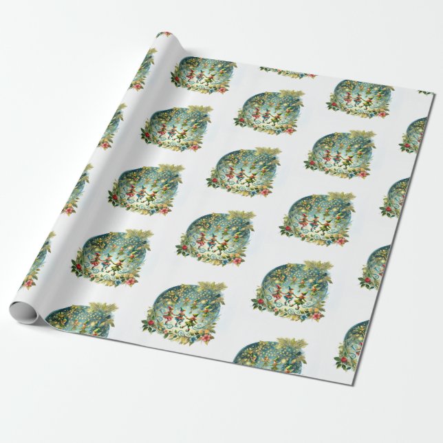 Whimsical Dancing Elves Wrapping Paper (Unrolled)