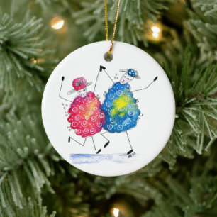 Whimsical Dancing Sheep Ceramic Ornament
