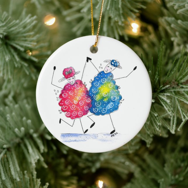 Whimsical Dancing Sheep Ceramic Ornament (Tree)