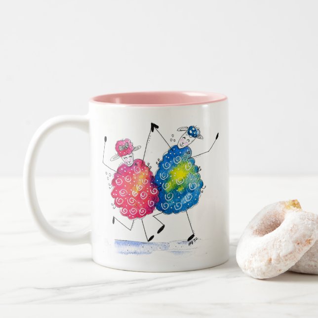 Whimsical Dancing Sheep Two-Tone Coffee Mug (With Donut)