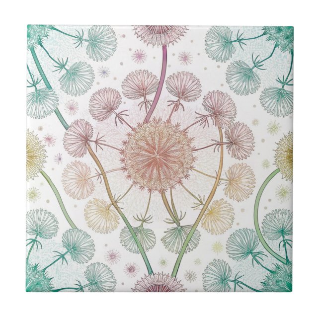 Whimsical Dandelion Breeze – Pastel Botanical Ceramic Tile (Front)