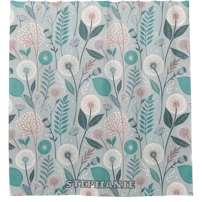 Whimsical Dandelion & Floral Folk Art Seamless (2) Shower Curtain (Front)