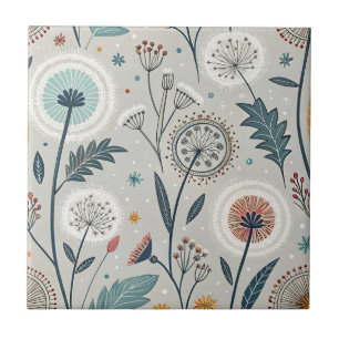 Whimsical Dandelion & Floral Folk Art Seamless Ceramic Tile