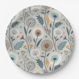 Whimsical Dandelion & Floral Folk Art Seamless Paper Plate