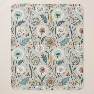 Whimsical Dandelion & Floral Folk Art Seamless Sherpa Blanket
