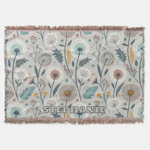 Whimsical Dandelion & Floral Folk Art Seamless Throw Blanket