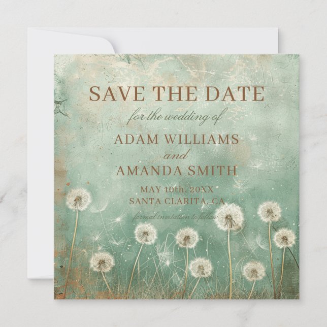Whimsical Dandelion Flowers Wedding Save The Date (Front)