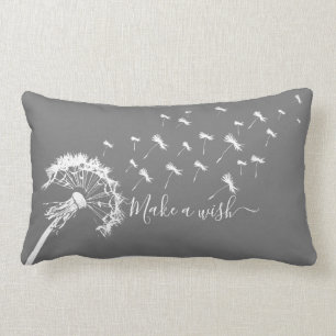 Whimsical Dandelion Make a Wish Grey White Lumbar Cushion