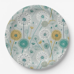 Whimsical Dandelion - Yellow, White & Teal Paper Plate
