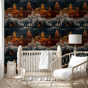 Whimsical Dark Autumn Cabin Woodland Wallpaper