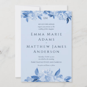 Whimsical Dark Blue Floral Watercolor Wedding Invitation