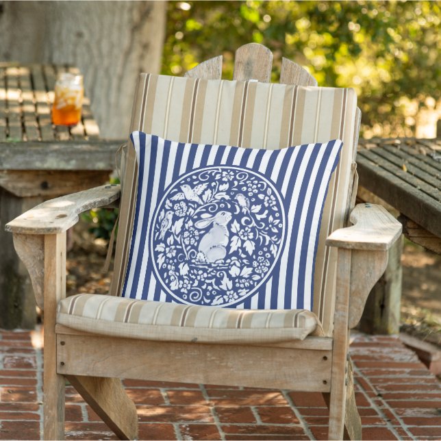 Whimsical Dark Blue White Rabbit Floral Stripe Cushion (Chair)