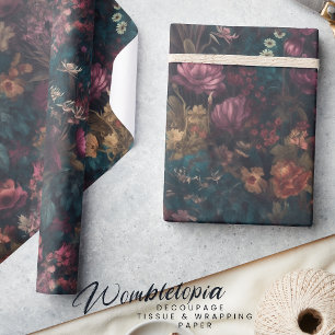 Whimsical Dark Moody Boho Floral Decoupage Wrapping Paper