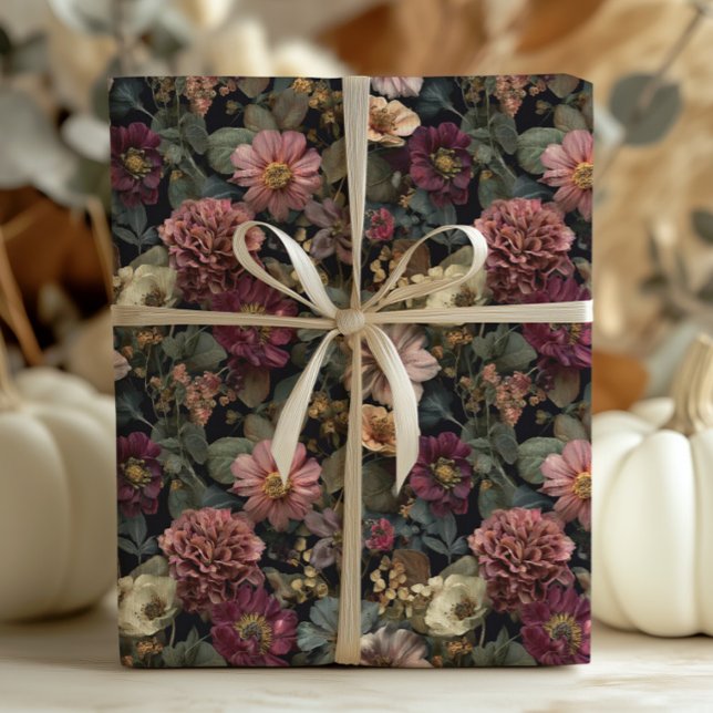 Whimsical Dark Moody Boho Floral Pink and Green Wrapping Paper (Creator Uploaded)