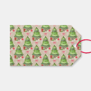 Whimsical Decorated Christmas Trees and Red Bows Gift Tags
