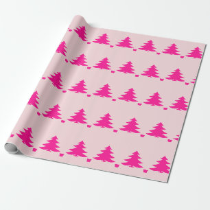 Whimsical Deep Pink Christmas Trees on Pale Pink Wrapping Paper