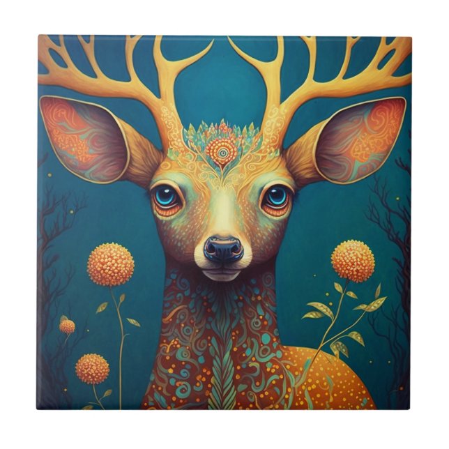 Whimsical Deer Fantasy Art Ceramic Tile (Front)