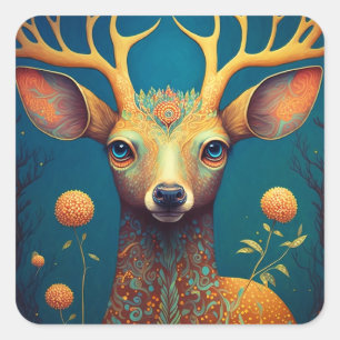 Whimsical Deer Fantasy Art Square Sticker