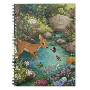 Whimsical Deer in Enchanted Forest Pond Art Notebook