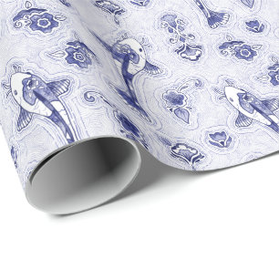 Whimsical Delft Blue Pottery Koi Wrapping Paper