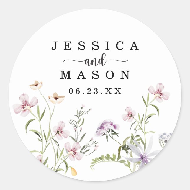 Whimsical Delicate Wildflower Wedding Favour Class Classic Round Sticker (Front)