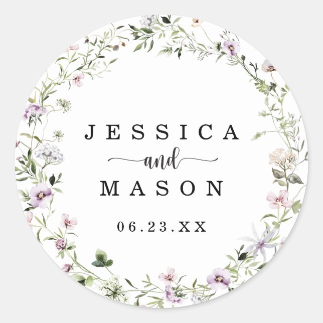 Whimsical Delicate Wildflower Wedding Favour Classic Round Sticker (Front)