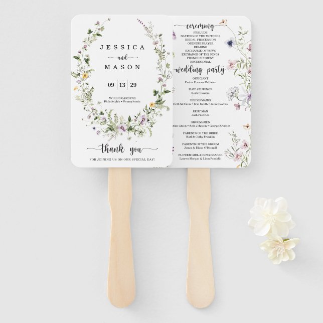 Whimsical Delicate Wildflower Wedding Program Fan (Front and Back)