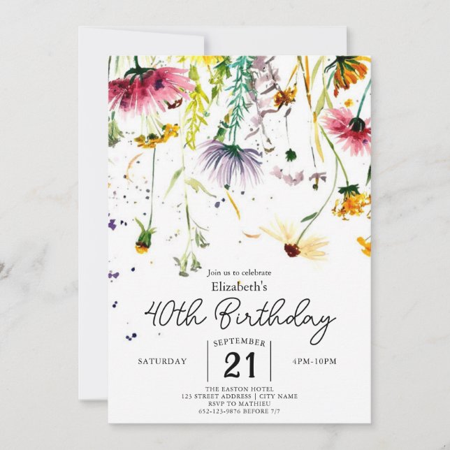 Whimsical Delicate Wildflowers 40th birthday Invitation (Front)