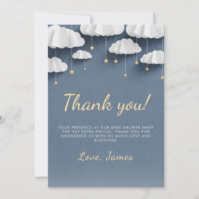 Whimsical Denim Blue Baby Shower Thank You Card (Front)
