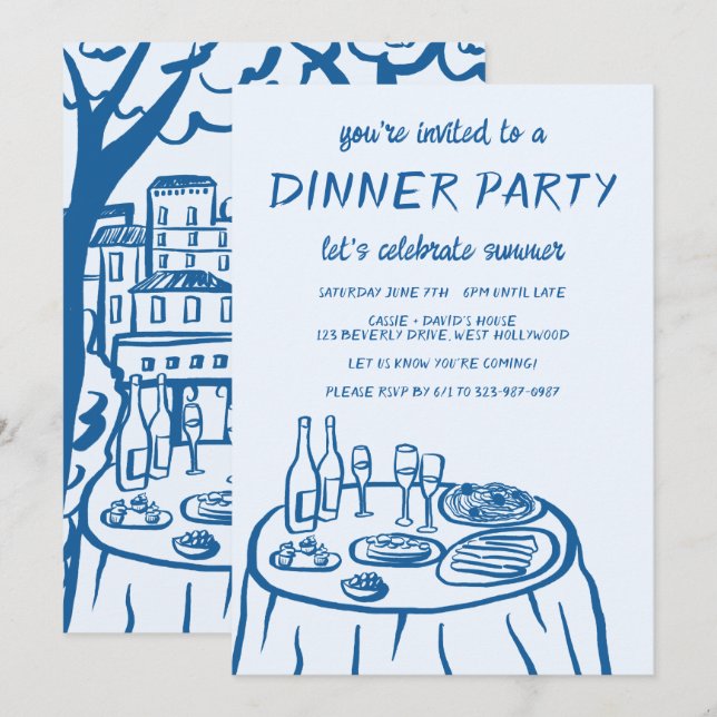 Whimsical Dinner Party Balcony Custom Hand-drawn Invitation (Front/Back)