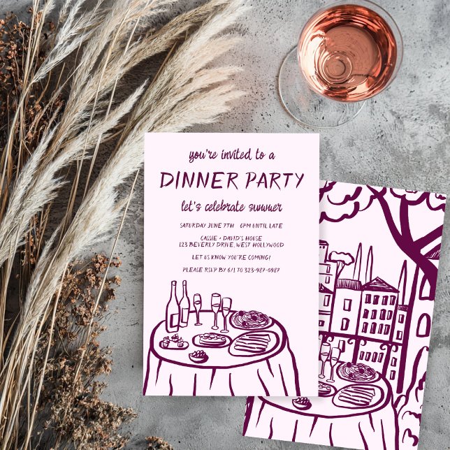 Whimsical Dinner Party Balcony Custom Hand-drawn Invitation (Whimsical Dinner Party Balcony  City Custom Hand-drawn Invitation
)
