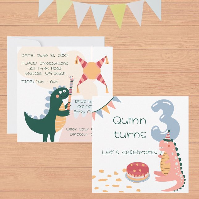 Whimsical Dinosaur birthday piñata age 3 neutral  Invitation (Creator Uploaded)