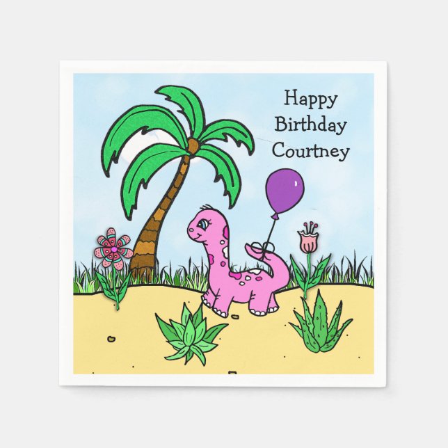Whimsical Dinosaur Girl's Birthday Pink Dinosaur Napkin (Front)