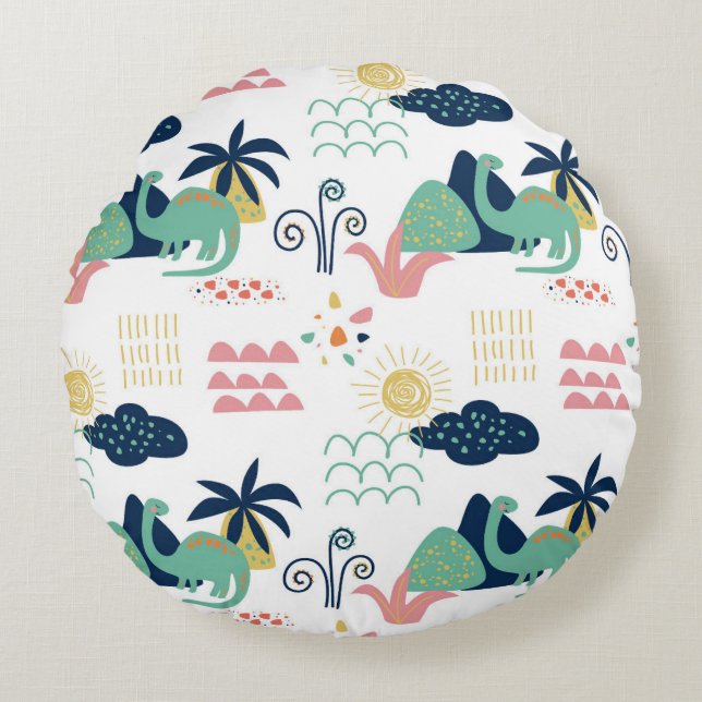 Whimsical Dinosaur Landscape Pattern Round Cushion (Front)