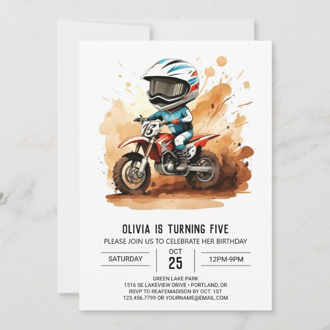 Whimsical Dirt Wheels Motorcycle Birthday Invitation (Front)