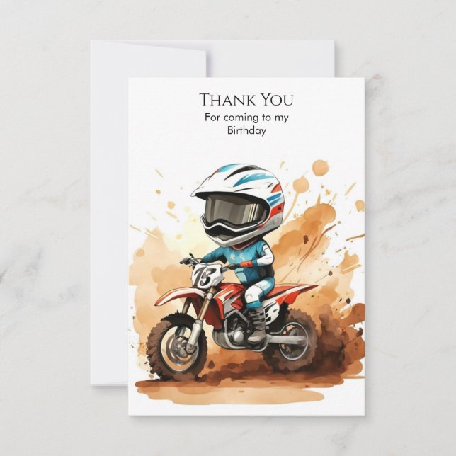 Whimsical Dirt Wheels Motorcycle Birthday Thank You Card (Front)