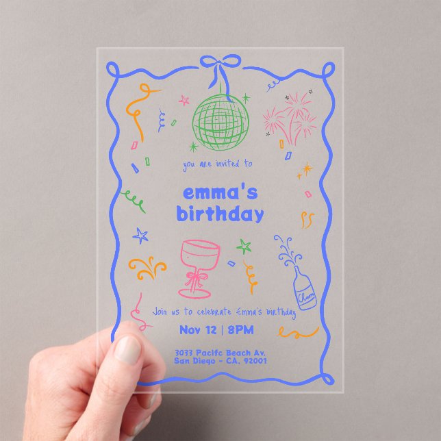 Whimsical Disco Birthday Colour Acrylic Invitations (Insitu (Handheld))