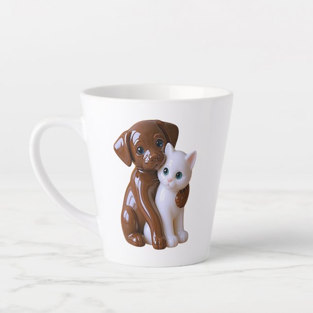Whimsical Dog Cat Illustration Latte Mug (Left)
