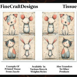 Whimsical Dog, Cat, Mouse & Bunny DS1B Decoupage Tissue Paper