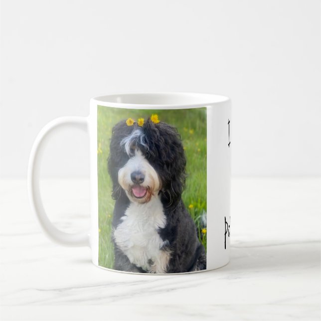 Whimsical dog in grass saying "I love my Pop Pop!" Coffee Mug (Left)