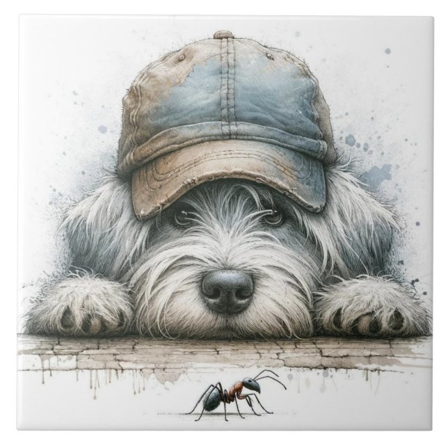 Whimsical dog looking at  a spider ceramic tile (Front)