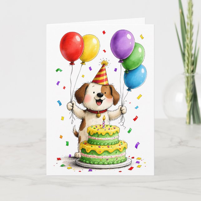 Whimsical Dog Party Hat Cake Balloons Birthday Card (Front)