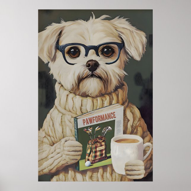 Whimsical Dog Reading Golf Magazine Art Print (Front)