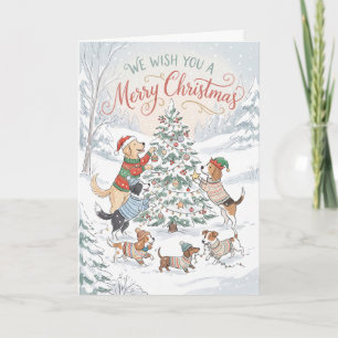 Whimsical Dogs Decorating Christmas Tree Holiday Card