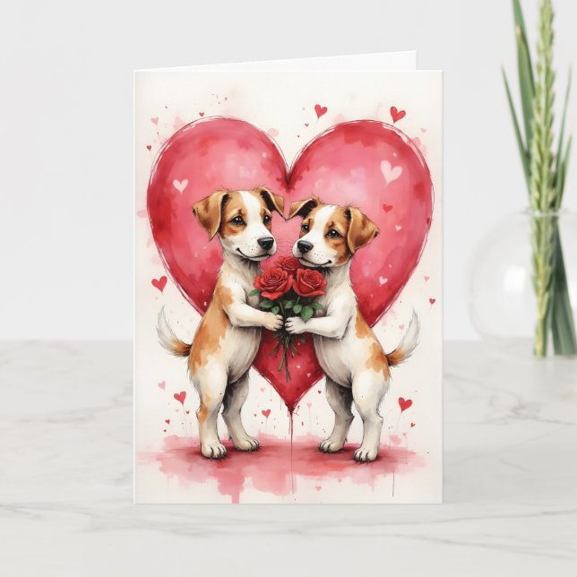Whimsical Dogs Valentine Hearts and Red Roses Card (Front)
