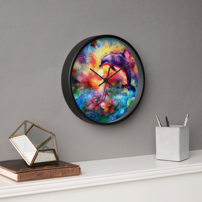 Whimsical Dolphin Coastal Nautical Floral Teal Clock (Office)