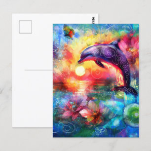 Whimsical Dolphin Coastal Nautical Floral Teal Postcard