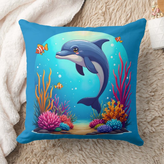 Whimsical Dolphin in Vibrant Coral Reef Cushion (Blanket)