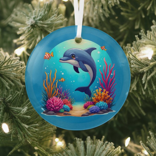 Whimsical Dolphin in Vibrant Coral Reef Glass Tree Decoration (Insitu)